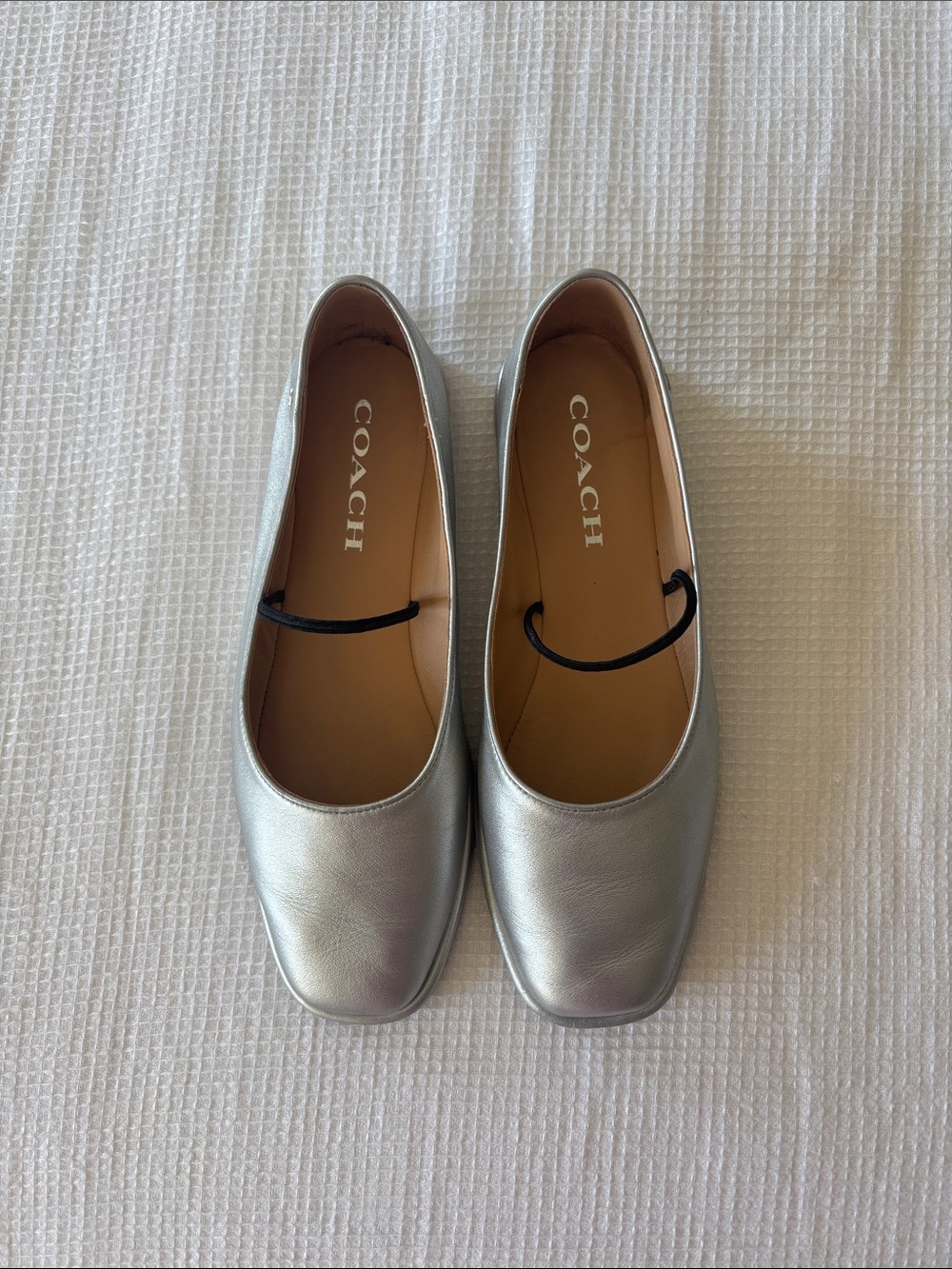 COACH Silver/Metallic Square-Toe Leather Ballet Flats